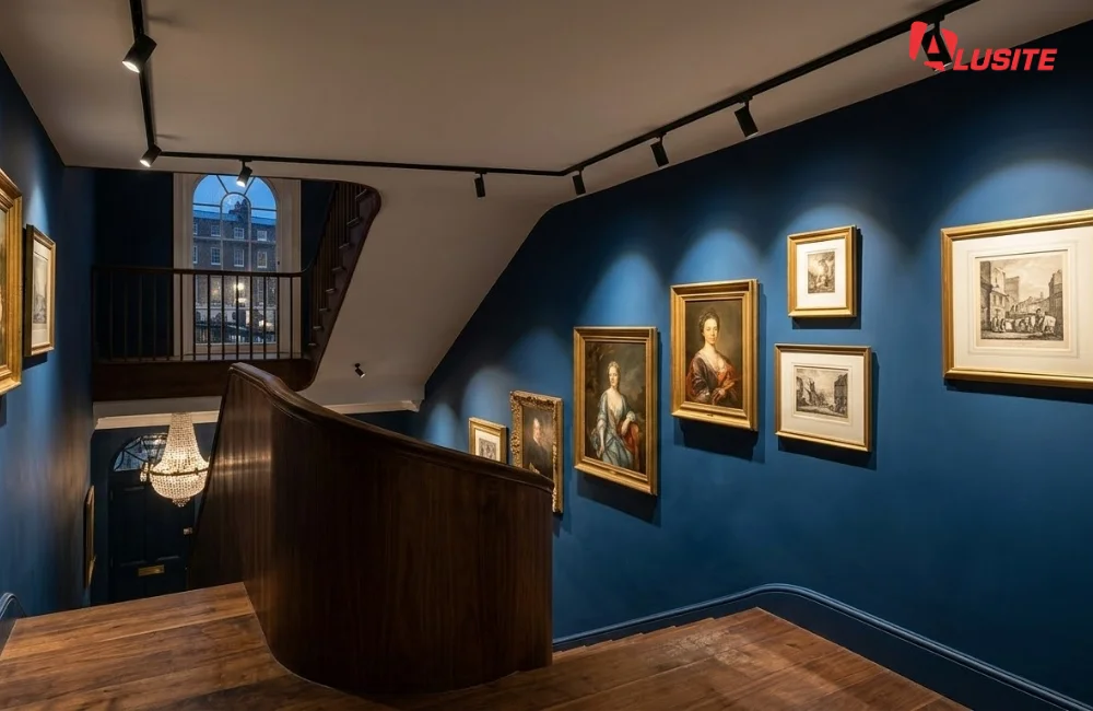 12. ไฟสปอตไลท์ส่องเน้นรูปภาพข้างบันได