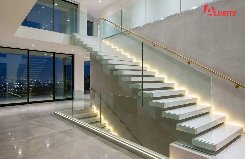 15. ซ่อนไฟ LED ที่ฐานแผงกั้นบันไดกระจกใส