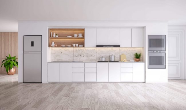 Modern kitchen white room interior .3drender aluminium skirting